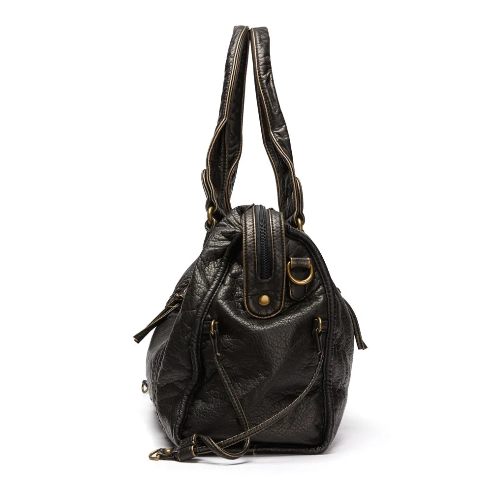 Black PU Leather Handbag with Vintage Wash