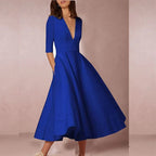 Midi-Kleid A-Linie mit V-Ausschnitt und 3/4-Ärmeln