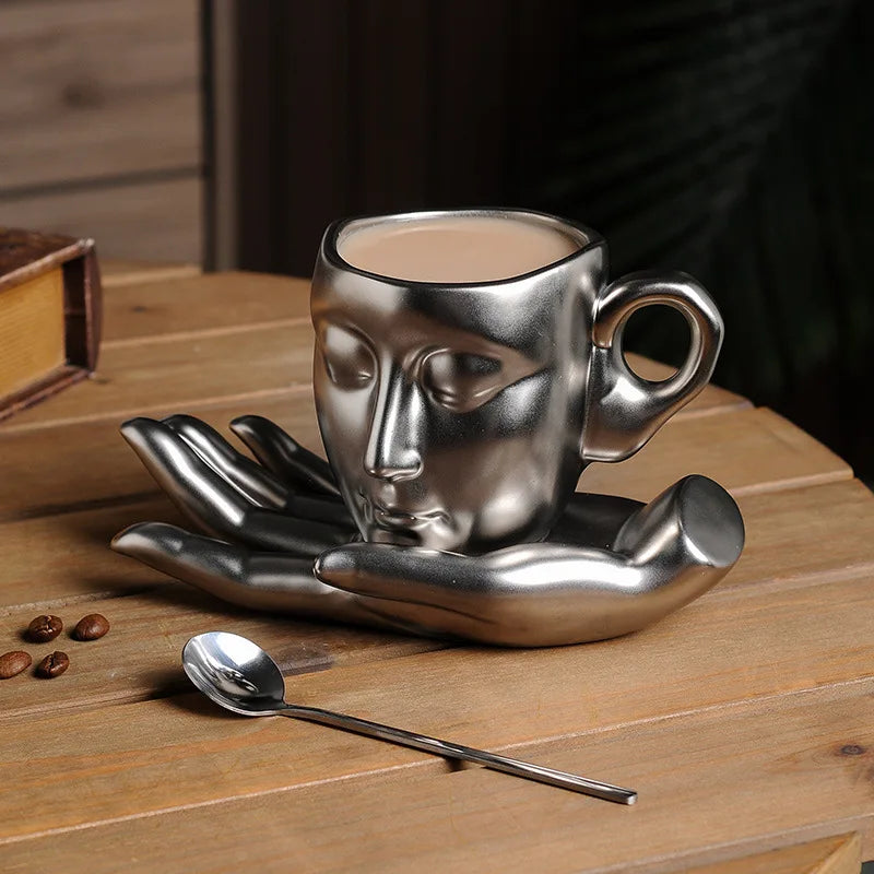 Gesichtstasse Keramik mit Hand-Untersetzer