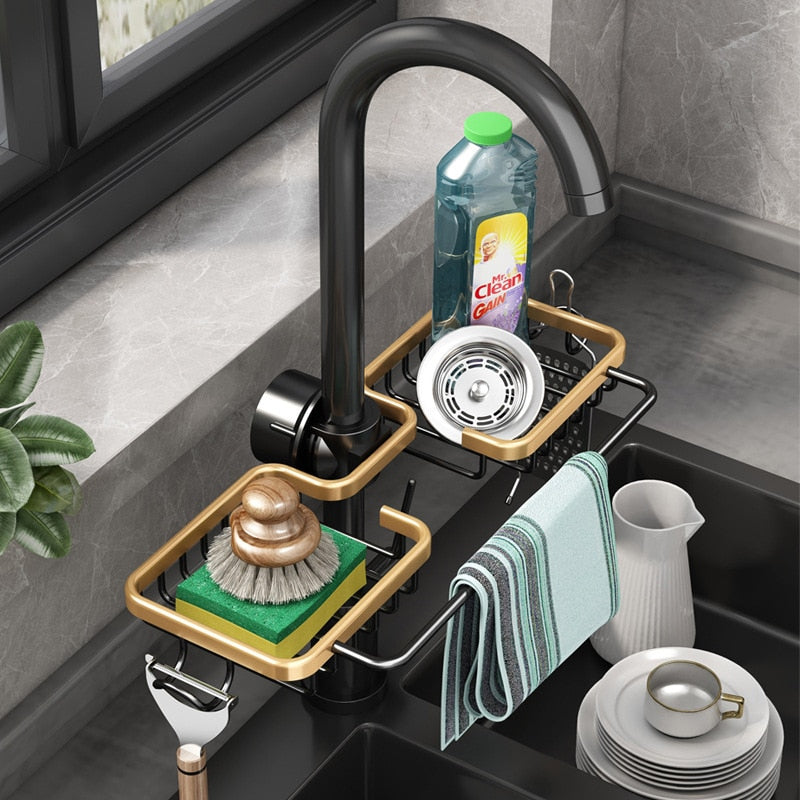 Faucet Kitchen Organizer – Sponge, Brush & Towel Bar in One