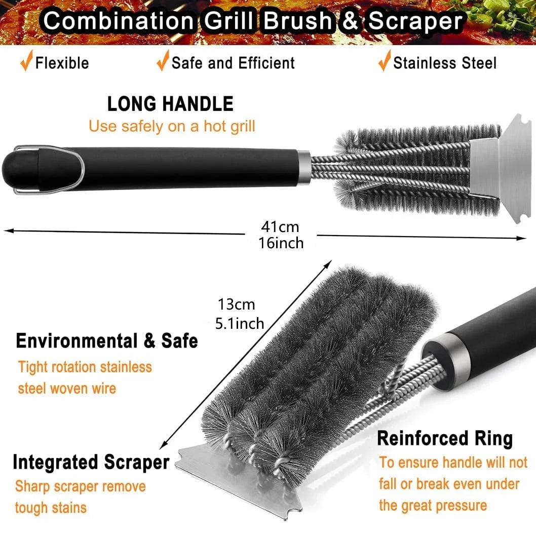 Grillbürste 3-in-1 mit Schaber – Edelstahl-Reinigungsbürste
