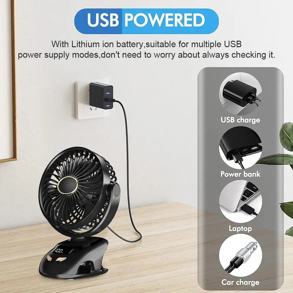 Clip-Ventilator mit 6000 mAh Akku und LED-Anzeige