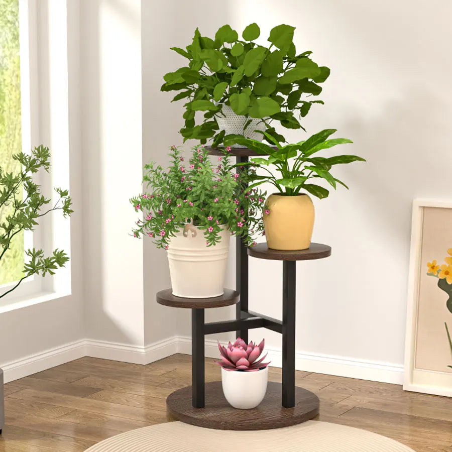 4-tier plant shelf with round wooden shelves and metal frame
