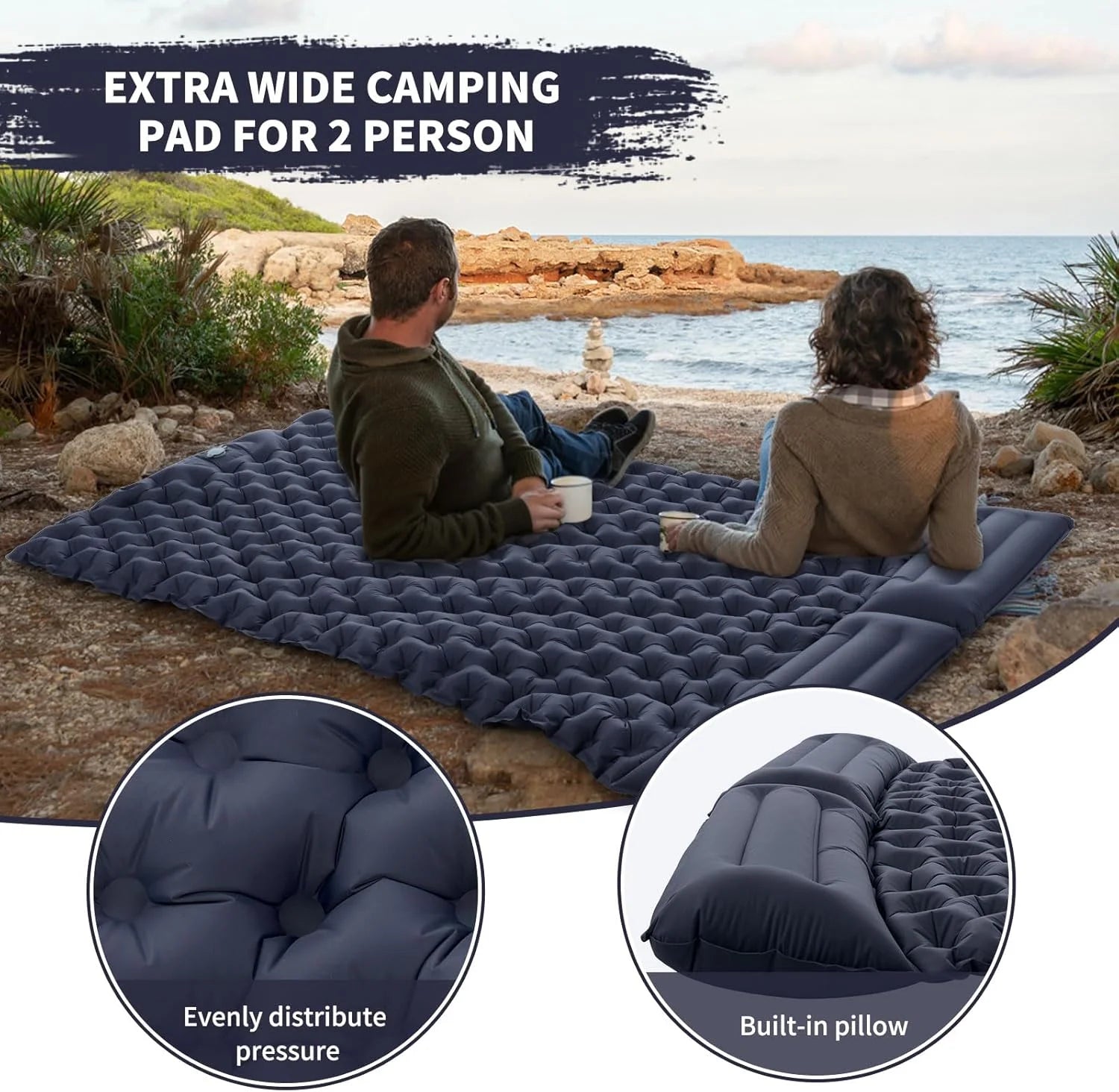Double inflatable air mattress with pillow and built-in pump