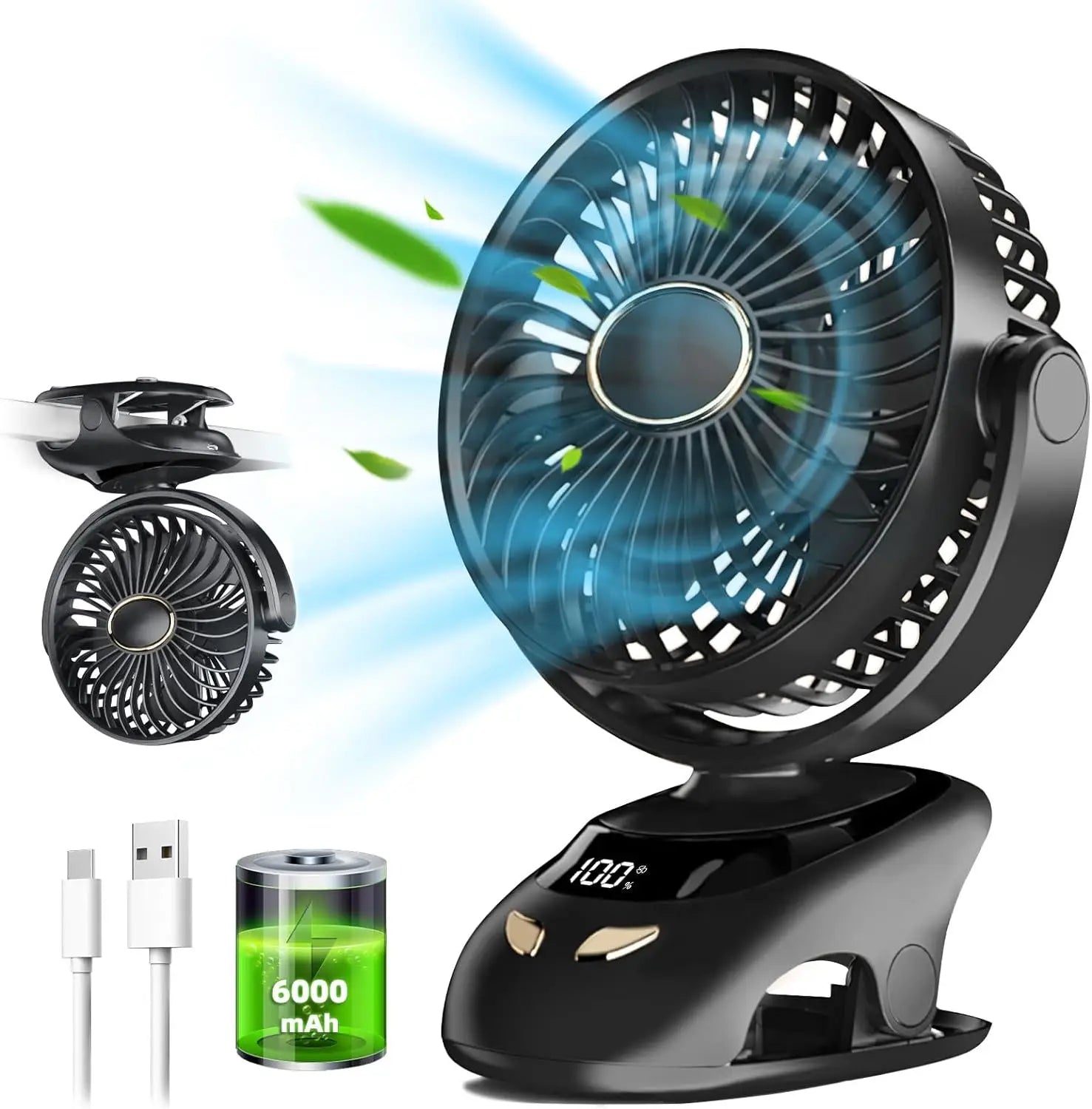 Clip-Ventilator mit 6000 mAh Akku und LED-Anzeige
