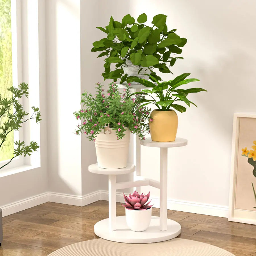 4-tier plant shelf with round wooden shelves and metal frame