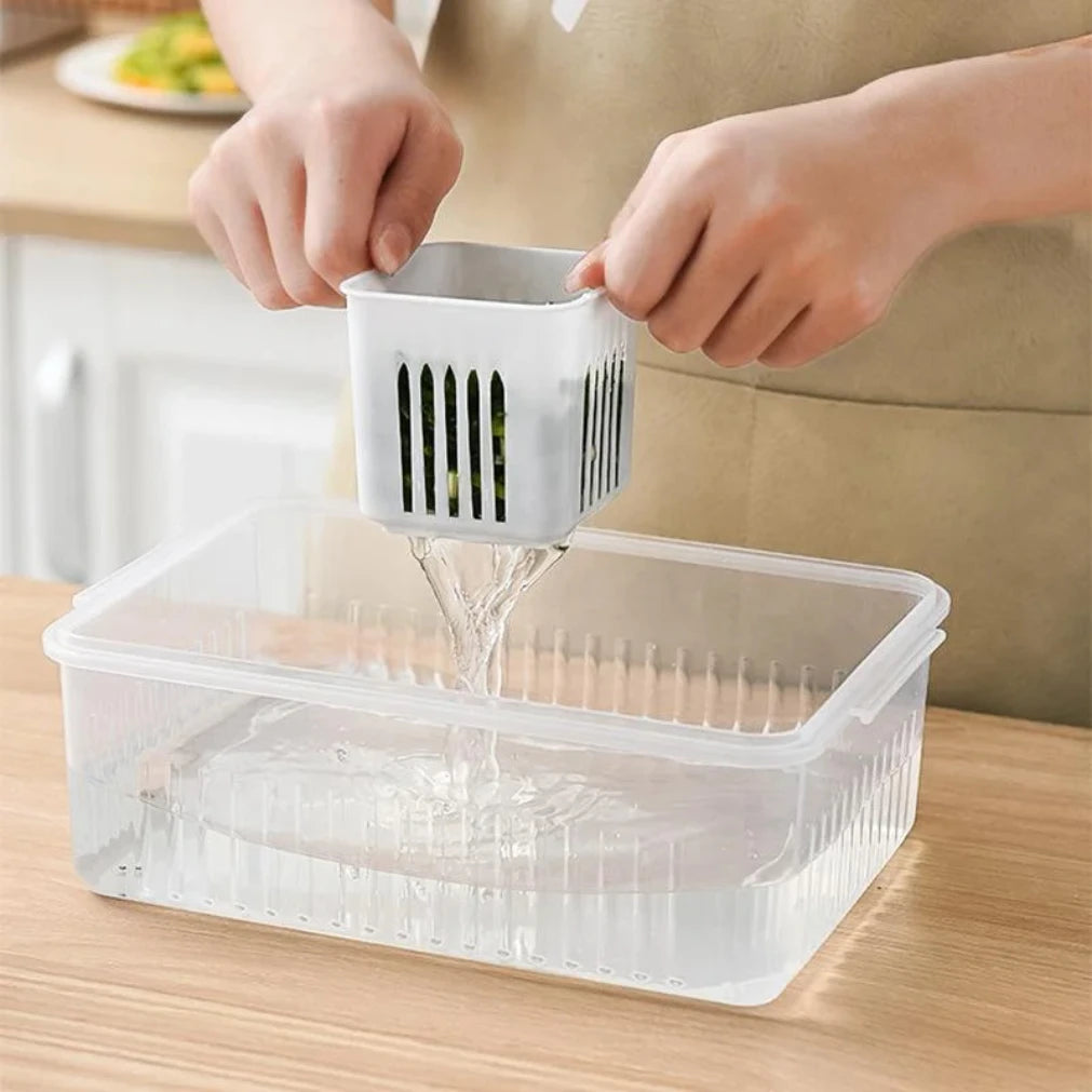 Kühlschrank-Frischhaltebox mit Ablaufeinsatz und Deckel – 6 Fächer