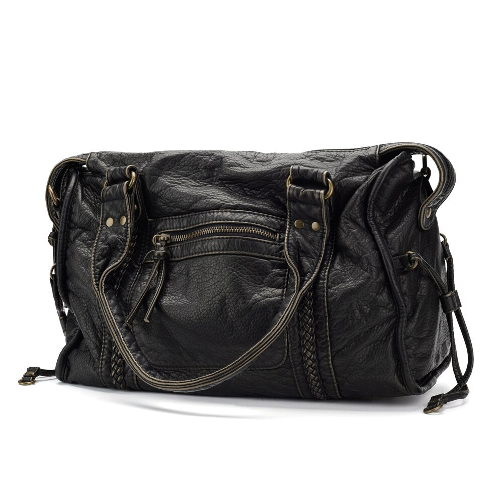 Black PU Leather Handbag with Vintage Wash