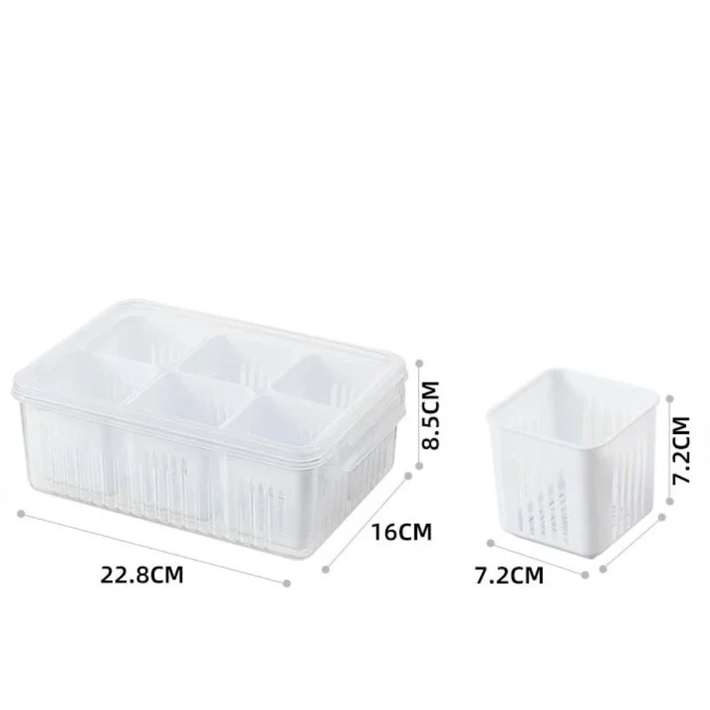 Kühlschrank-Frischhaltebox mit Ablaufeinsatz und Deckel – 6 Fächer