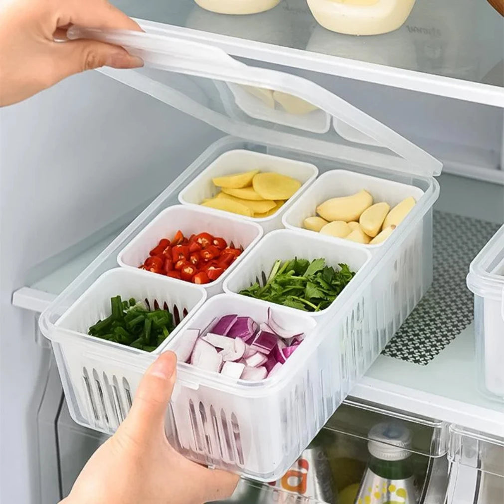 Kühlschrank-Frischhaltebox mit Ablaufeinsatz und Deckel – 6 Fächer