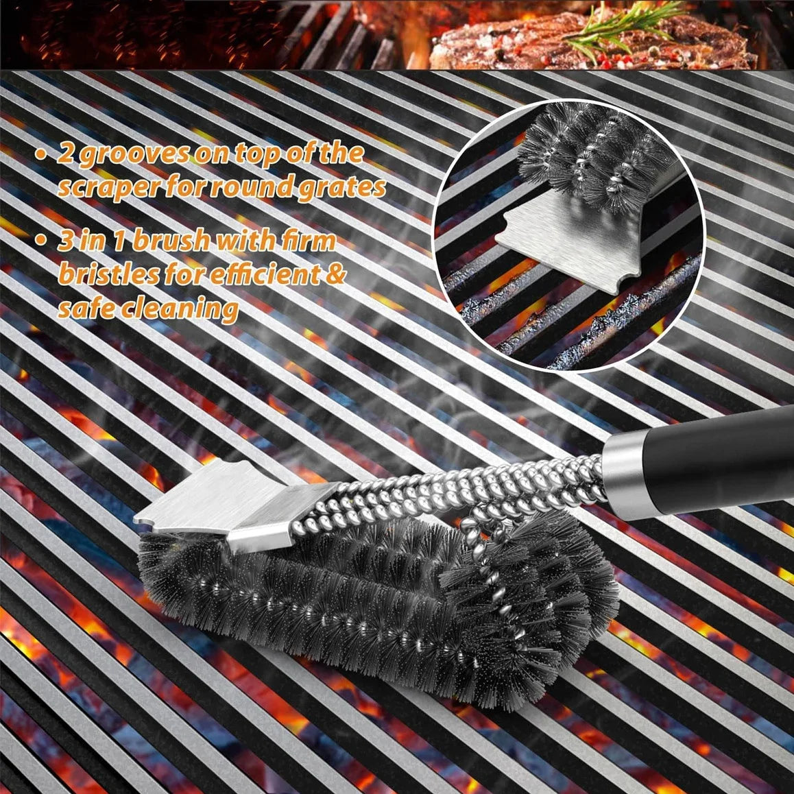 Grillbürste 3-in-1 mit Schaber – Edelstahl-Reinigungsbürste