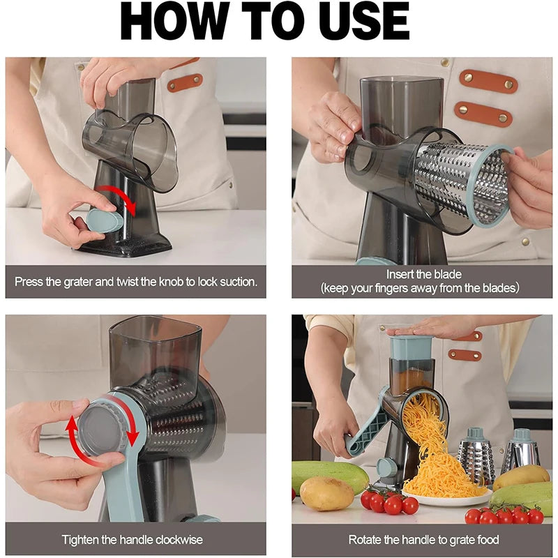 Rotary grater with 3 interchangeable drums