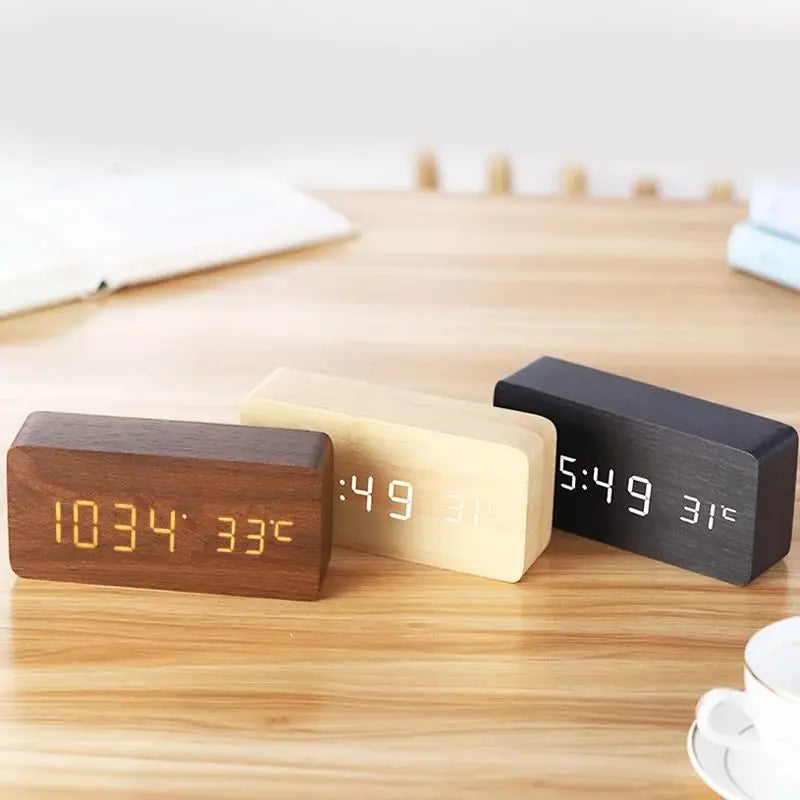 LED alarm clock wood design with temperature display