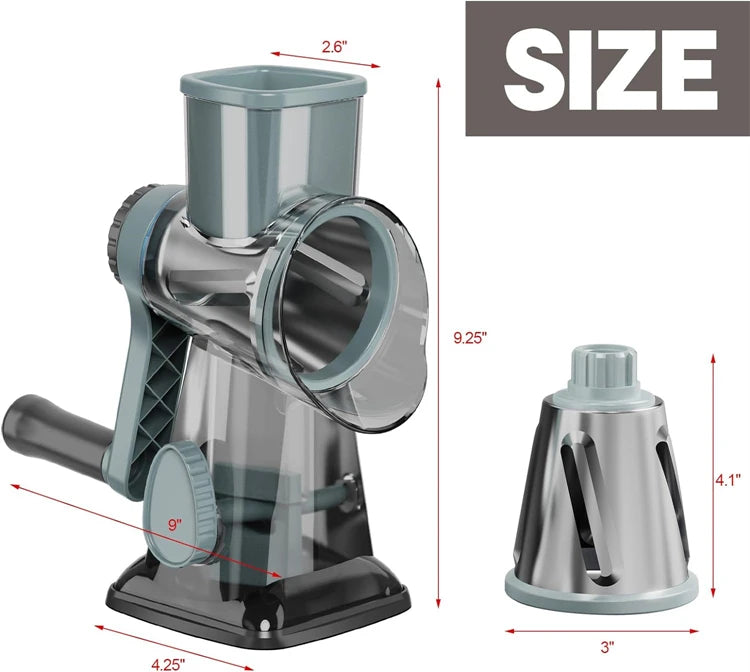 Rotary grater with 3 interchangeable drums