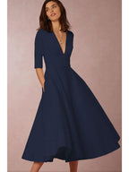 Midi-Kleid A-Linie mit V-Ausschnitt und 3/4-Ärmeln