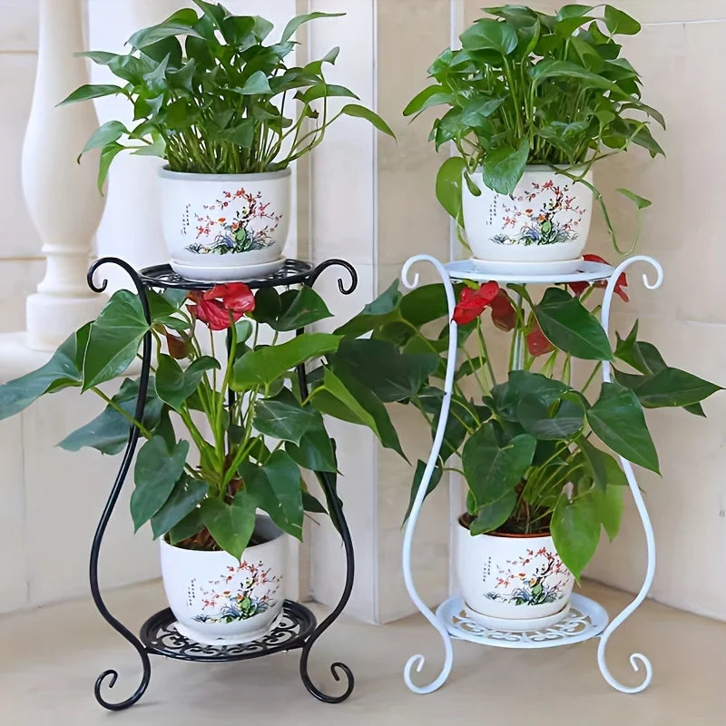 Two-tier metal plant shelf with decorative frame