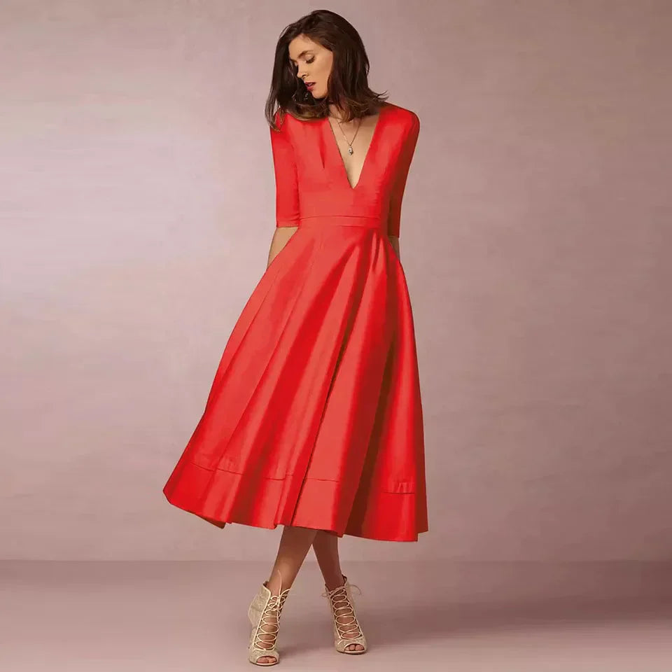 Midi-Kleid A-Linie mit V-Ausschnitt und 3/4-Ärmeln
