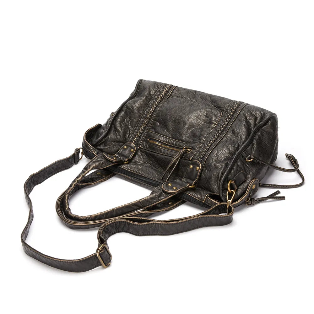 Black PU Leather Handbag with Vintage Wash