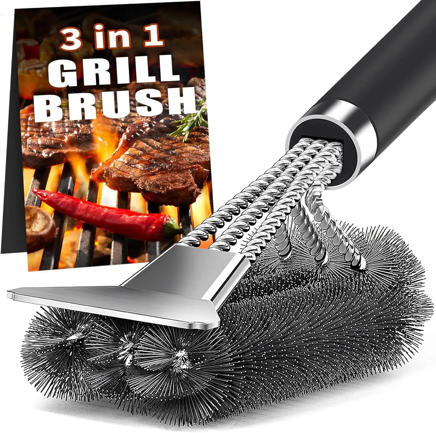 Grillbürste 3-in-1 mit Schaber – Edelstahl-Reinigungsbürste