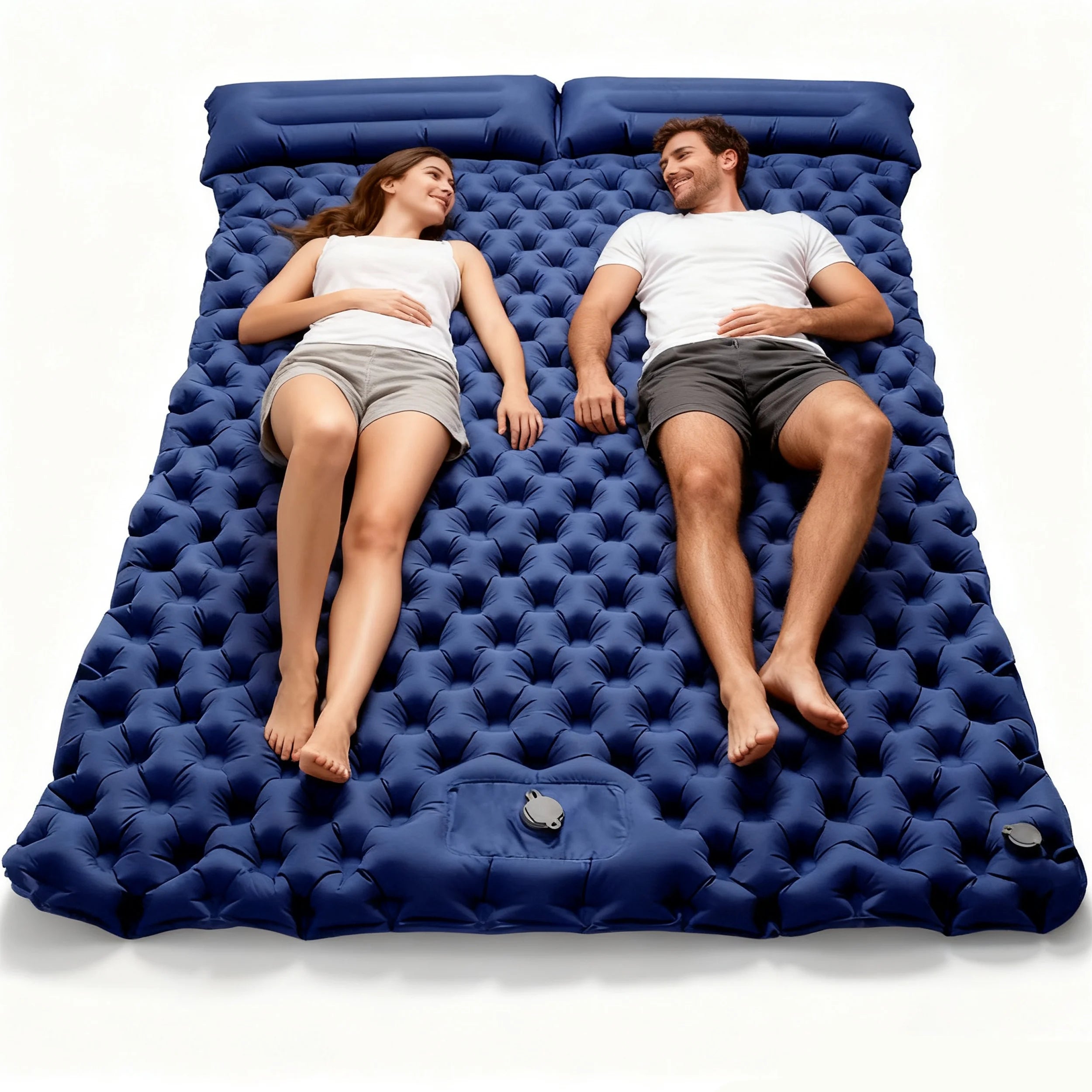 Double inflatable air mattress with pillow and built-in pump