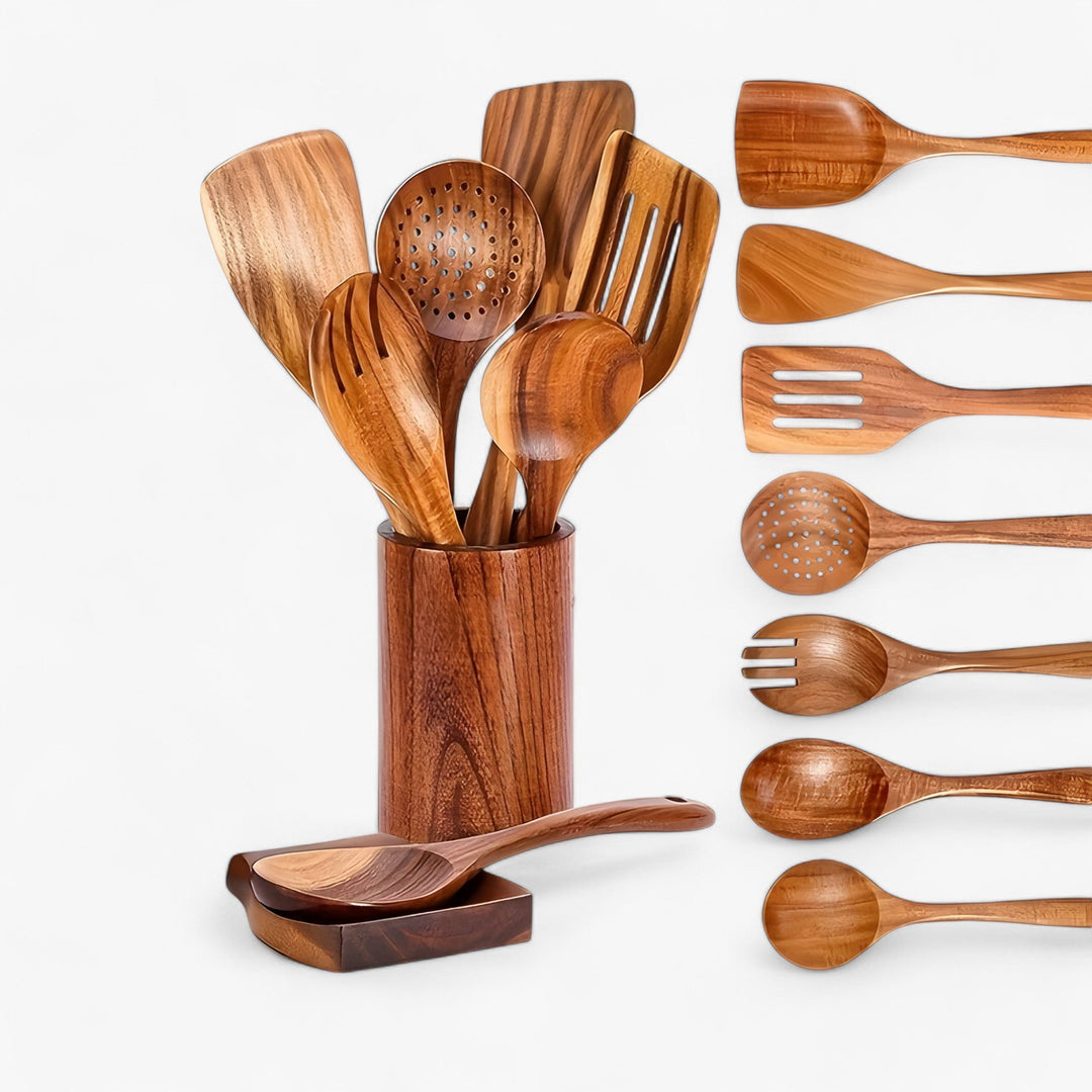 Teak Kitchen Utensil Set – 9 Pieces with Holder & Spoon Rest