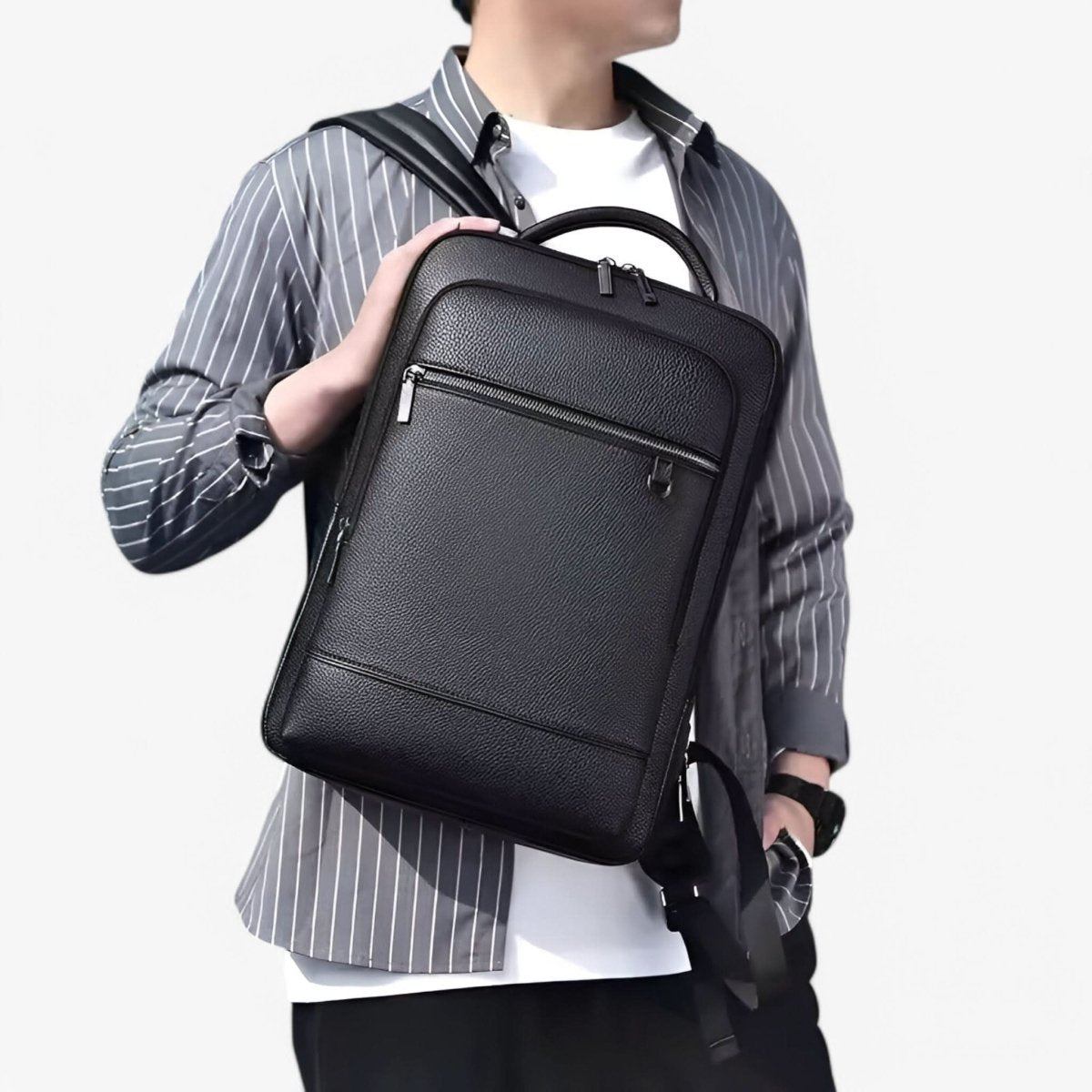 Leather backpack with USB charging port for 15.6-inch laptop