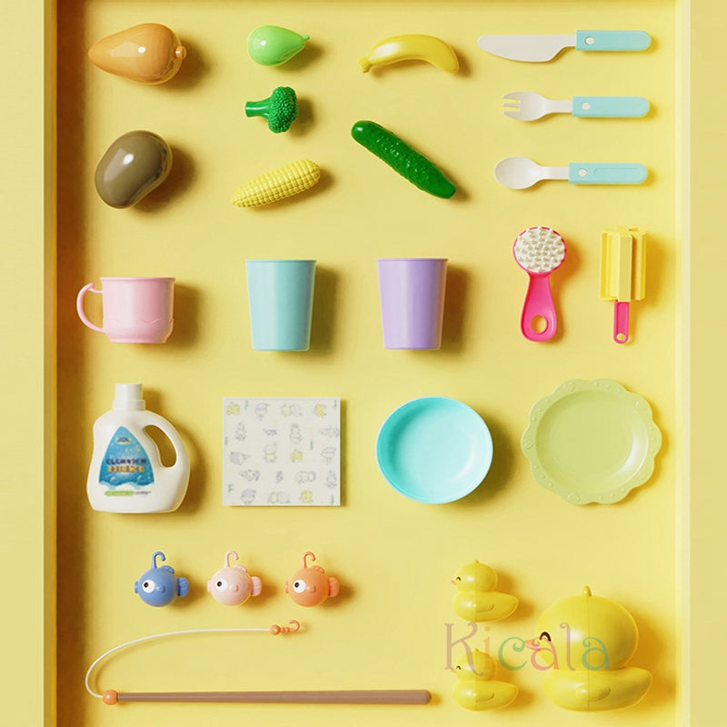 Water play table with fountain and toys