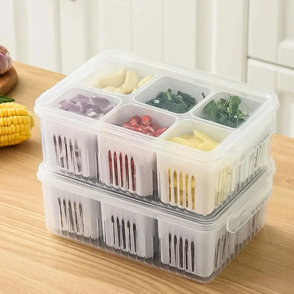Kühlschrank-Frischhaltebox mit Ablaufeinsatz und Deckel – 6 Fächer