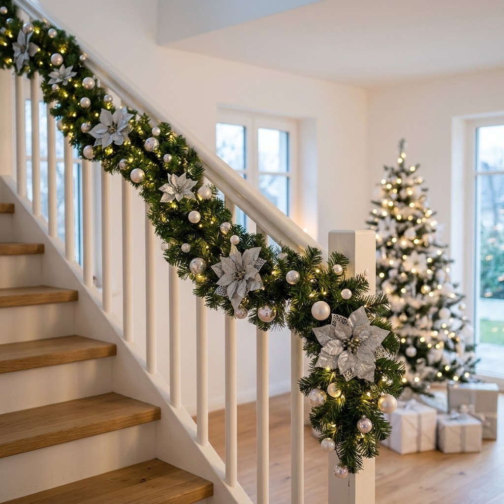 Christmas garland 2.7 m with fir branches, poinsettias & baubles