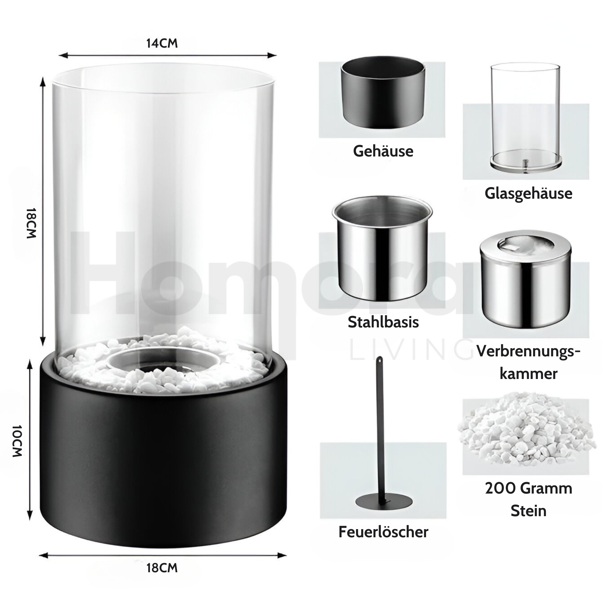 Table fireplace with glass cylinder and metal base