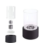 Table fireplace with glass cylinder and metal base
