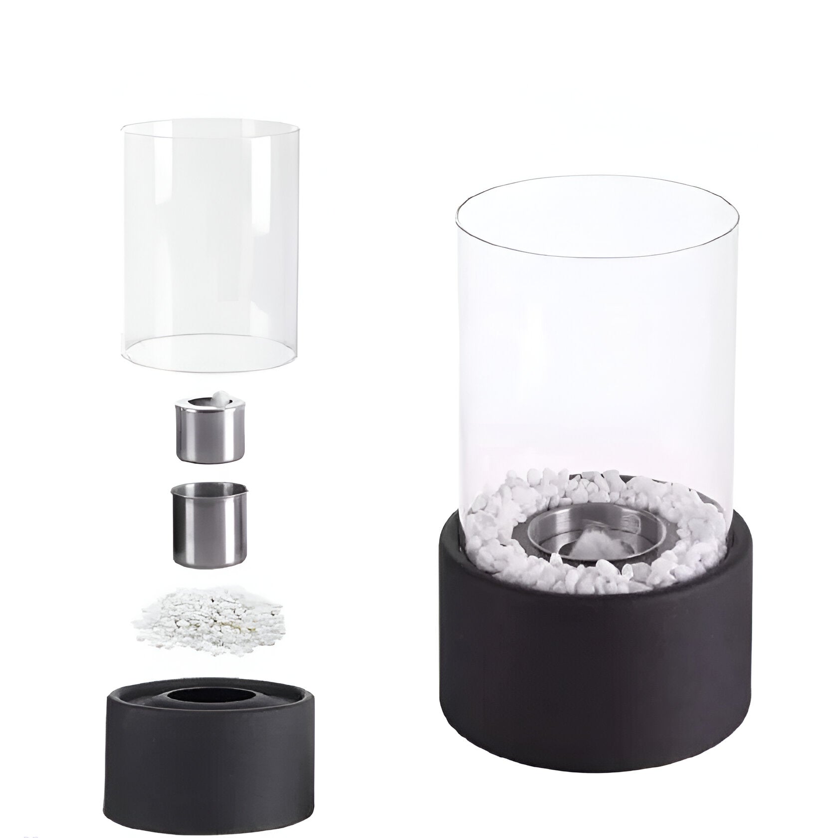 Table fireplace with glass cylinder and metal base