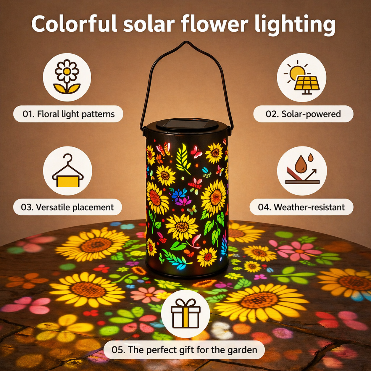 Solar garden lantern with flower pattern light projection