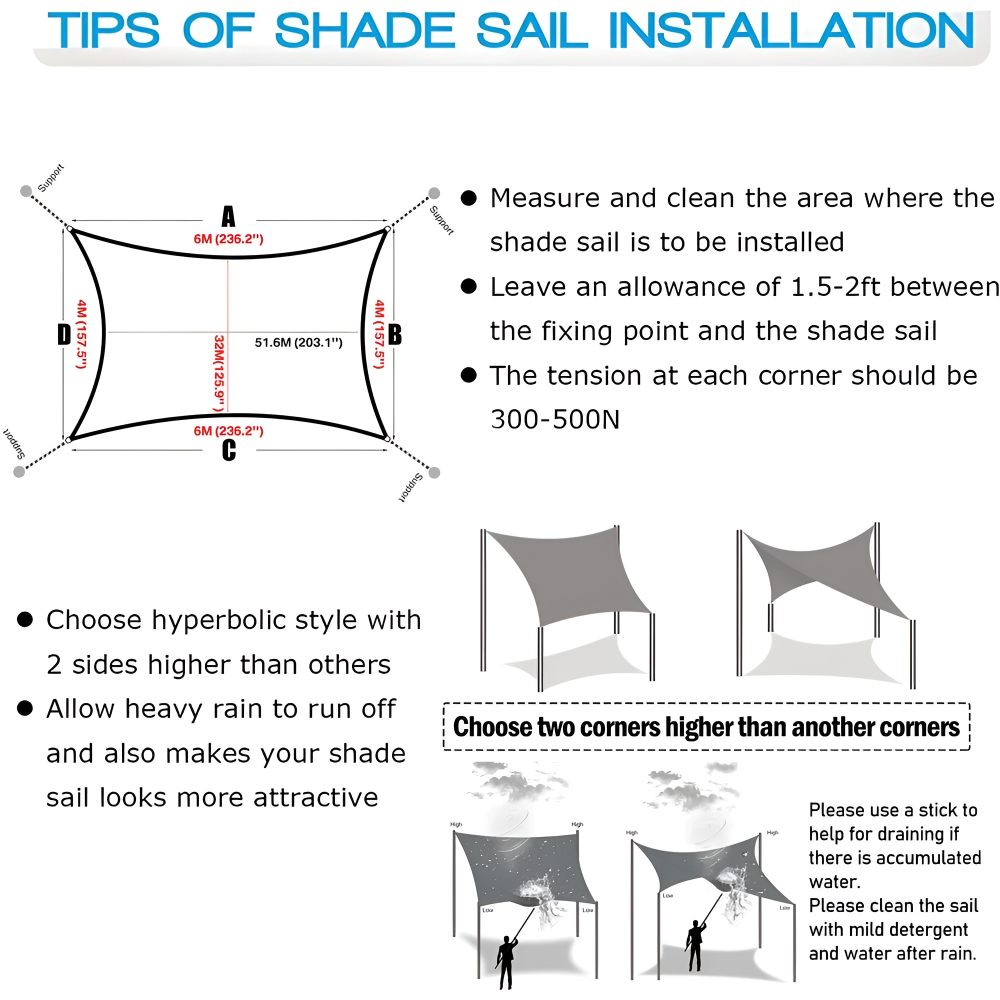 Rectangular waterproof sunshade sail with UV protection