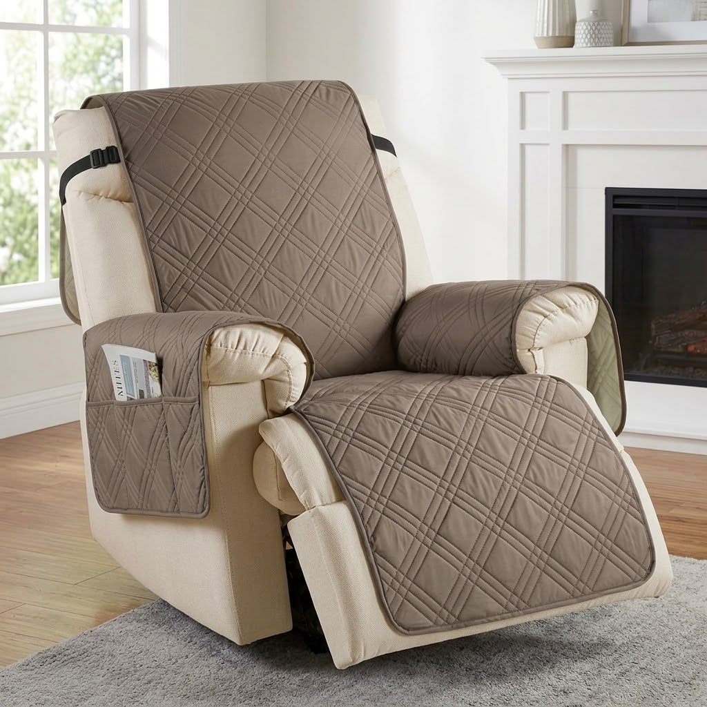Sesselschoner für Relaxsessel mit 2 Seitentaschen, waschbar – 232 × 63 cm