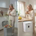 Hanging kitchen trash can with lid for cabinet doors, 9 L
