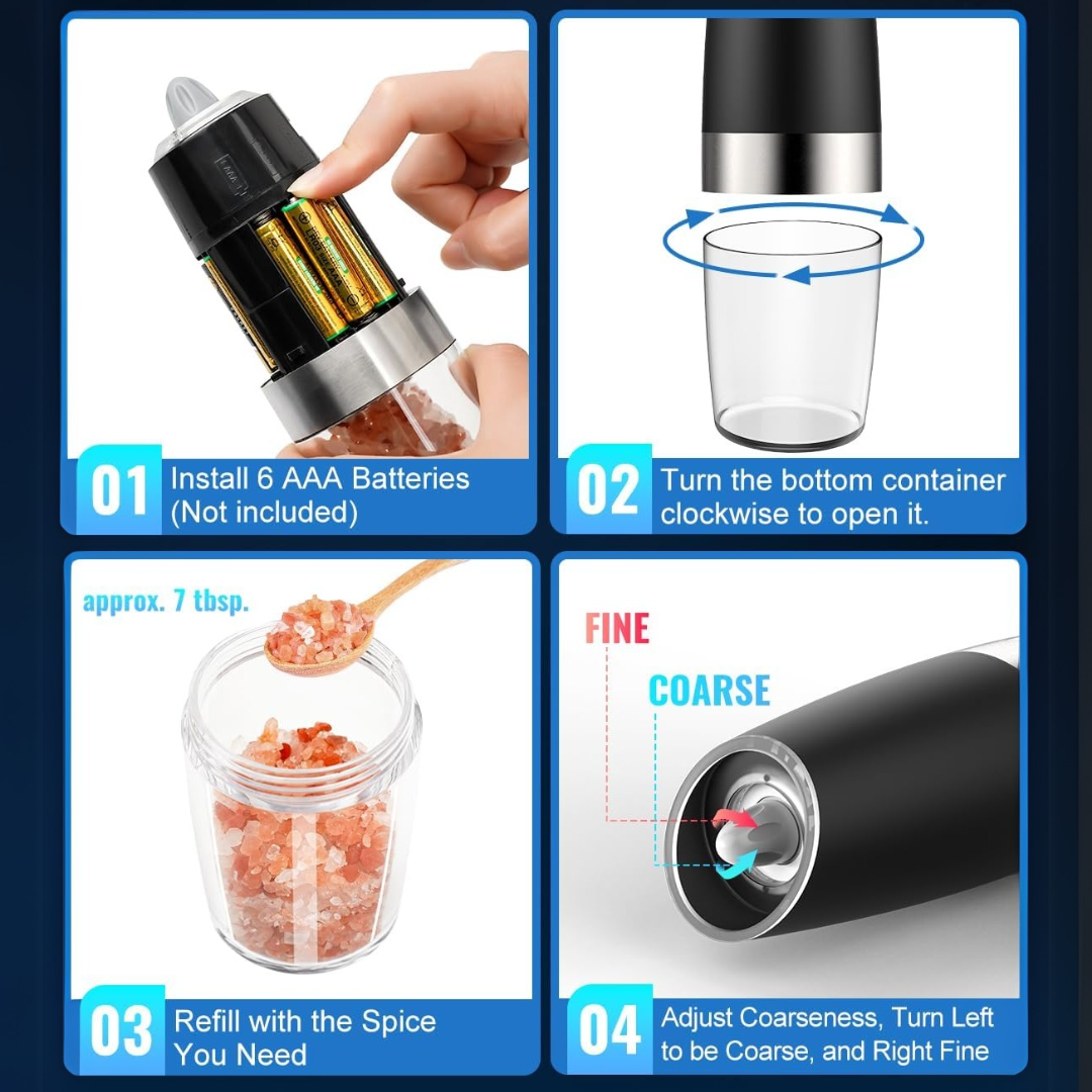 Electric Pepper & Salt Grinder Set with 2 Pieces – Rechargeable with LED Light