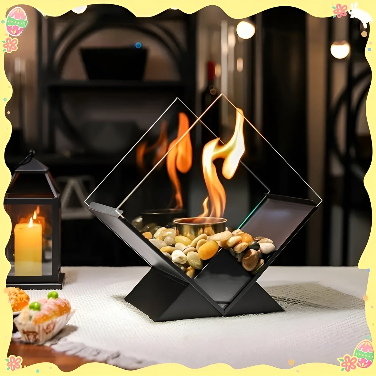 Tabletop Fireplace with Stone Decor and Bio-Ethanol Flame