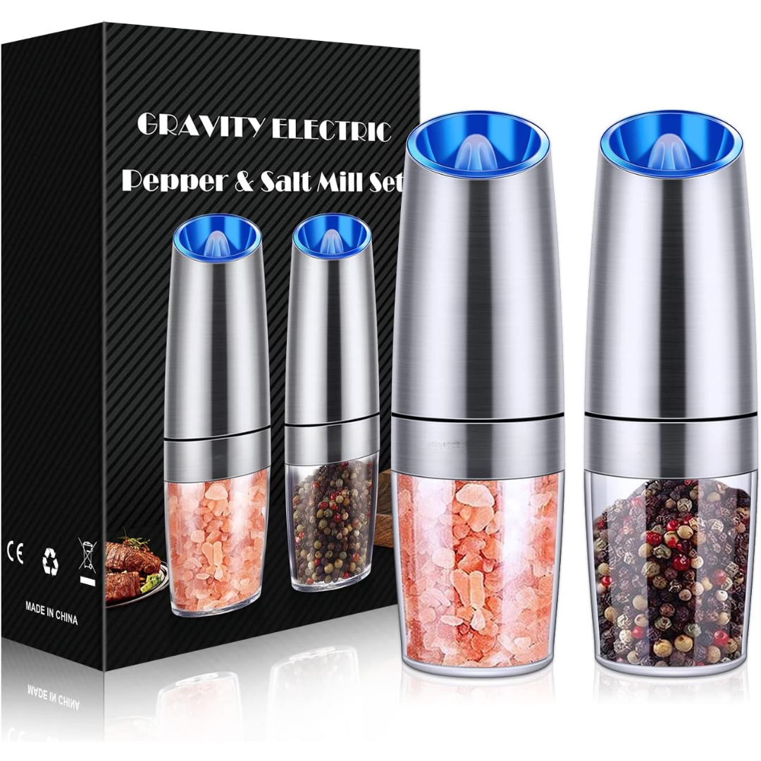 Electric Pepper & Salt Grinder Set with 2 Pieces – Rechargeable with LED Light