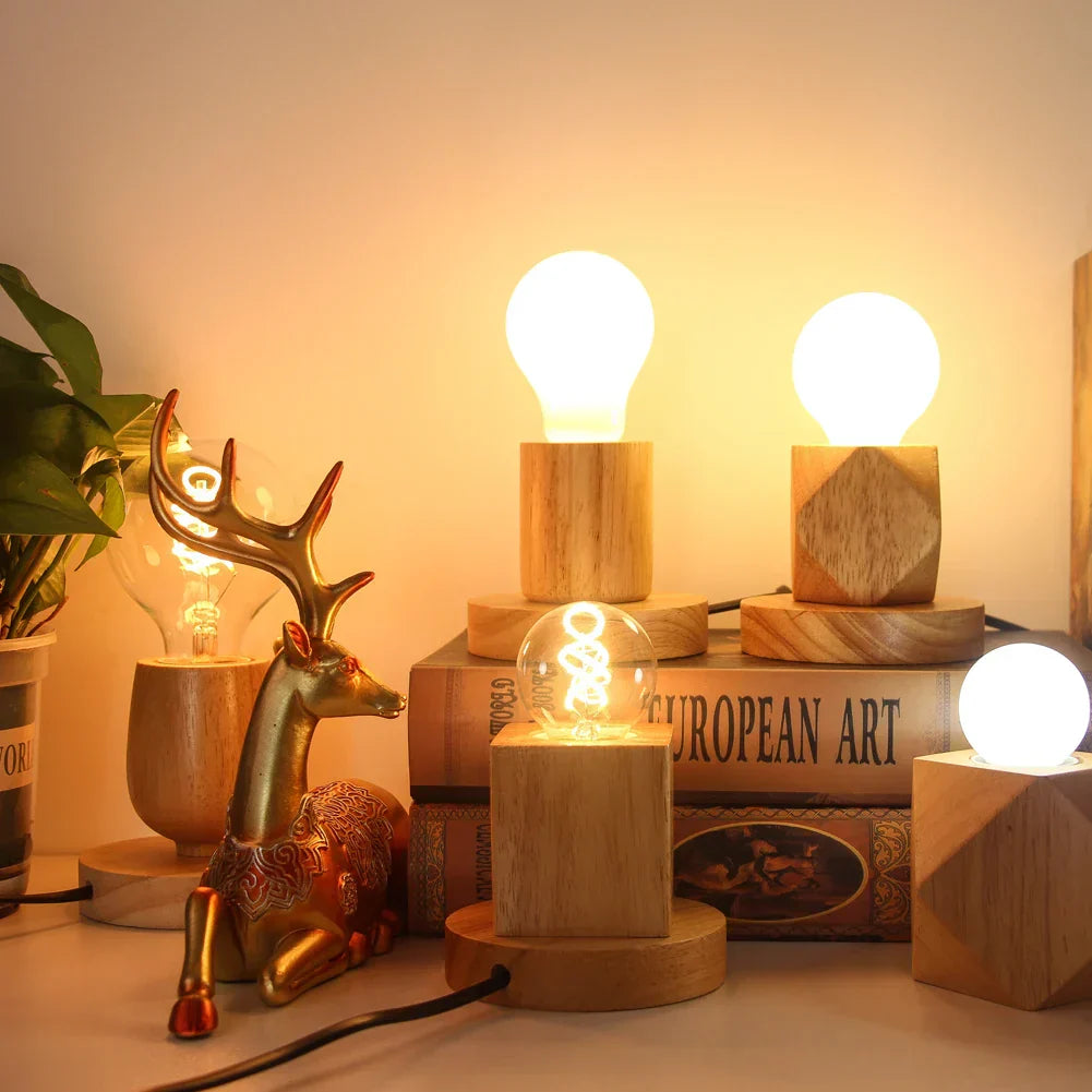 Retro Holz-Tischlampe mit warmweißer LED-Glühbirne