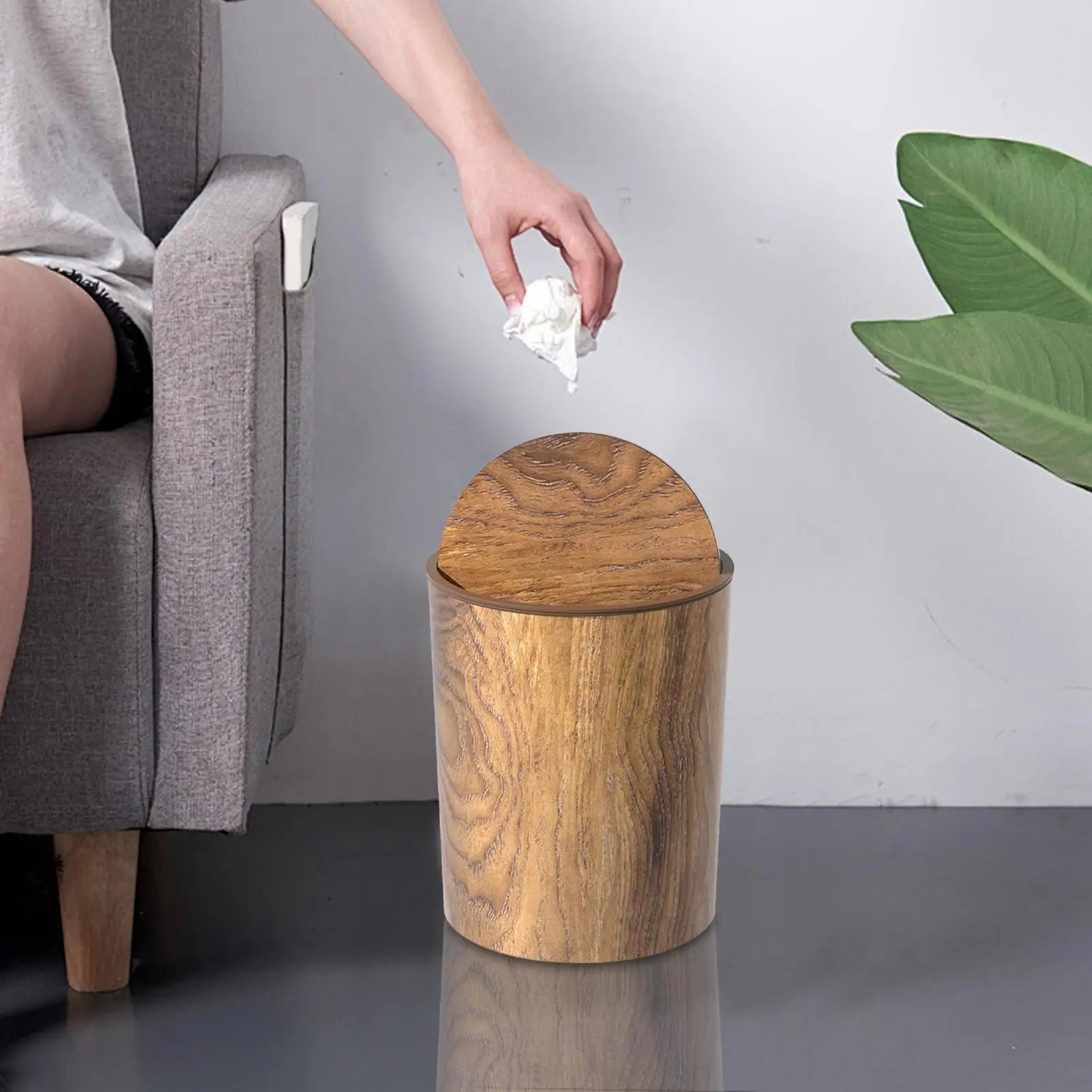 Trash Can with Swing Lid and Wood Look