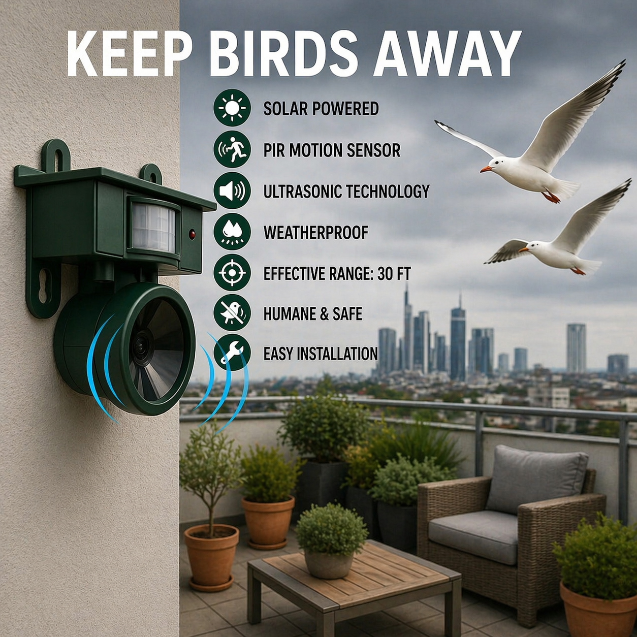 Solar Bird Repellent with PIR Sensor – Bird of Prey Calls Against Pigeons
