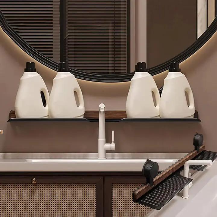 Wandregal mit Walnuss-Design und starker Saughalterung – bohrfreies Aluminium Regal für Bad und Küche mit sicherem Vakuumhalt – Mivoza