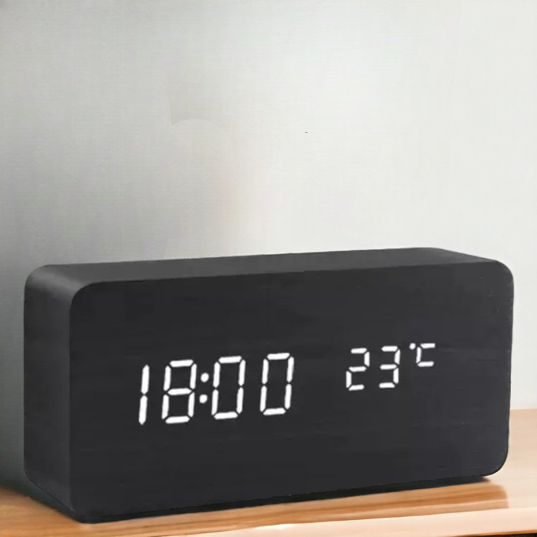 Wooden LED alarm clock with temperature display