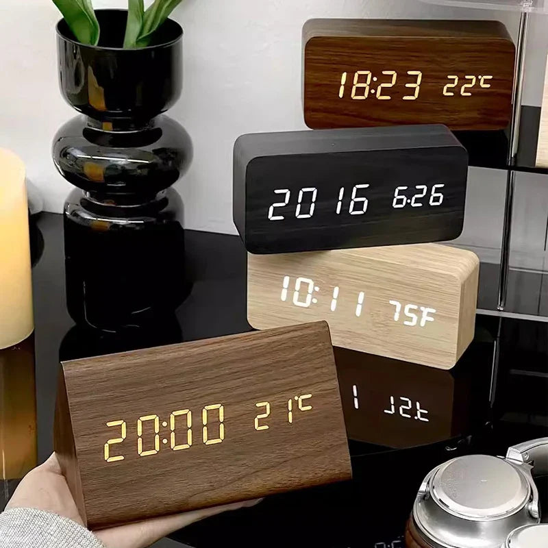 Wooden LED alarm clock with temperature display