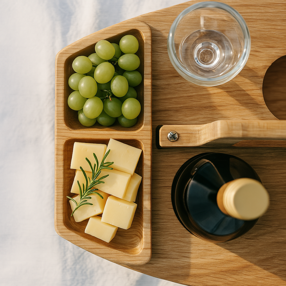 Weintisch Holz klappbar mit Snackfächern und Glashalter