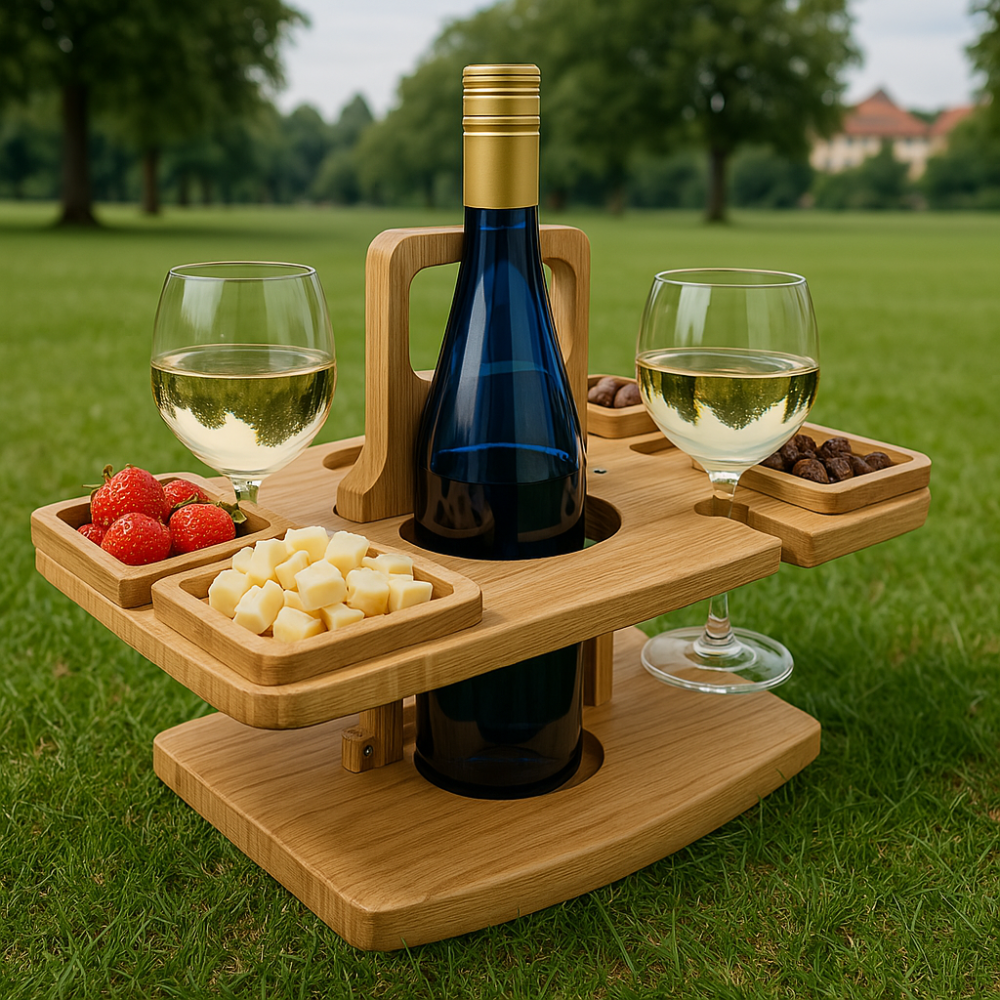 Weintisch Holz klappbar mit Snackfächern und Glashalter
