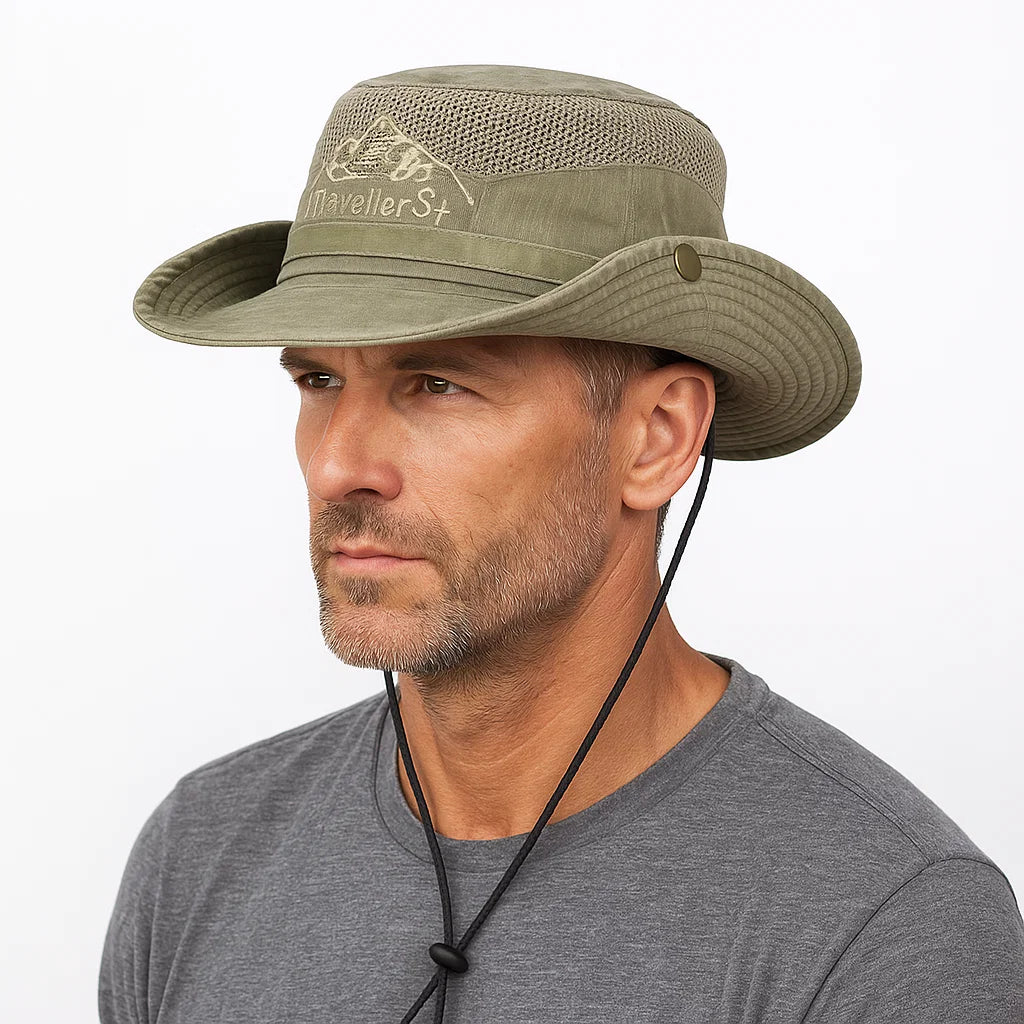 Sun hat with wide brim and mesh ventilation