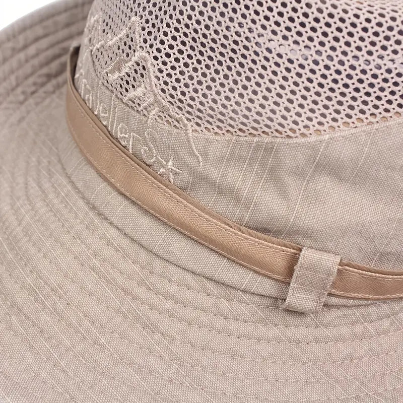 Sun hat with wide brim and mesh ventilation