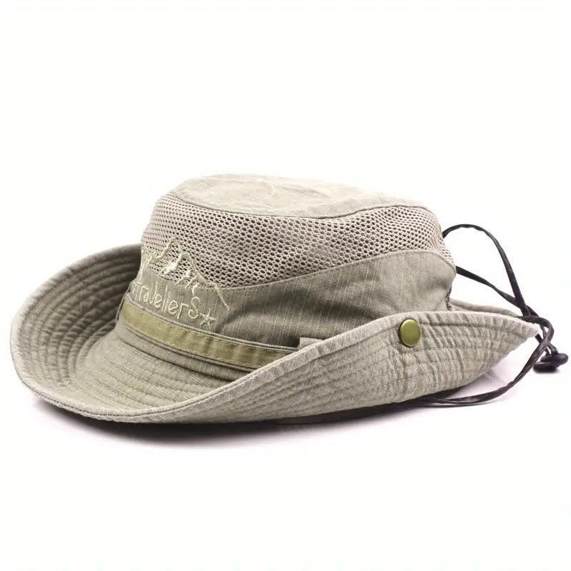 Sun hat with wide brim and mesh ventilation
